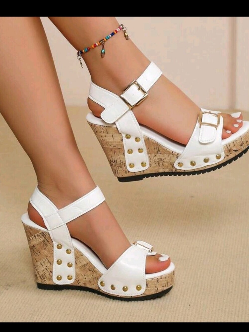 White Women's Cork Wedge Sandals with Gold Studs